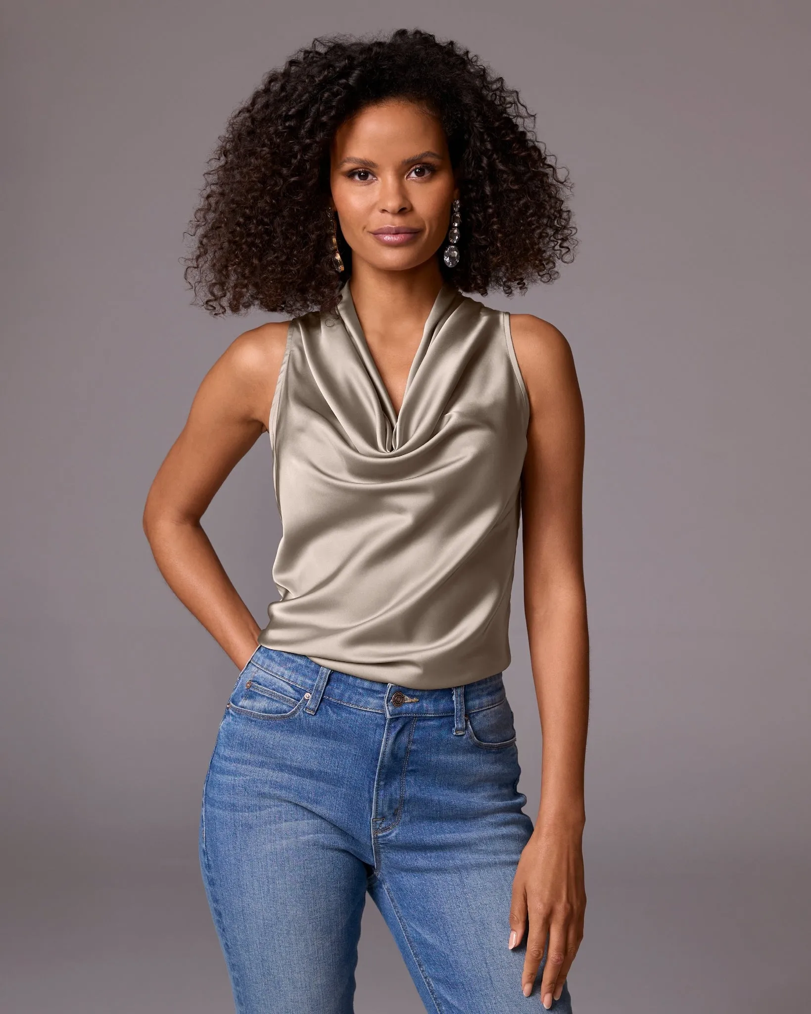 Marilyn Cowl-Neck Charmeuse Blouse Sable sold by Boston Proper