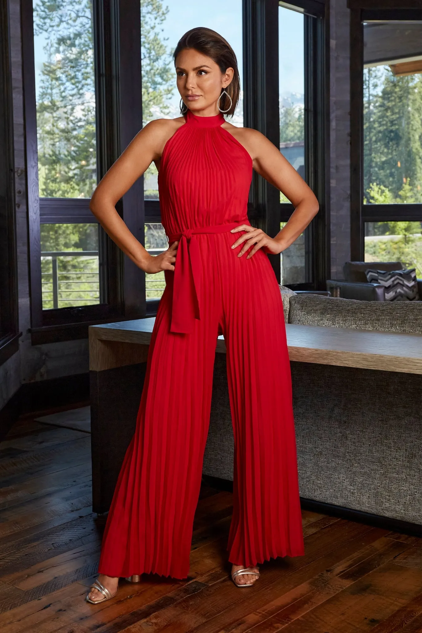 Pleated High-Neck Jumpsuit Red sold by Boston Proper
