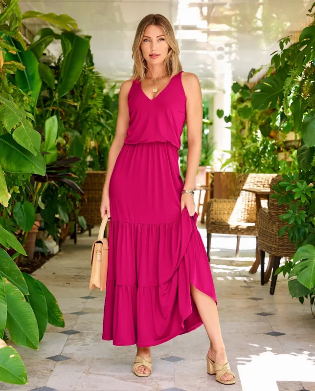 V Neck Blouson Tiered Knit Maxi Dress Raspberry sold by Boston Proper