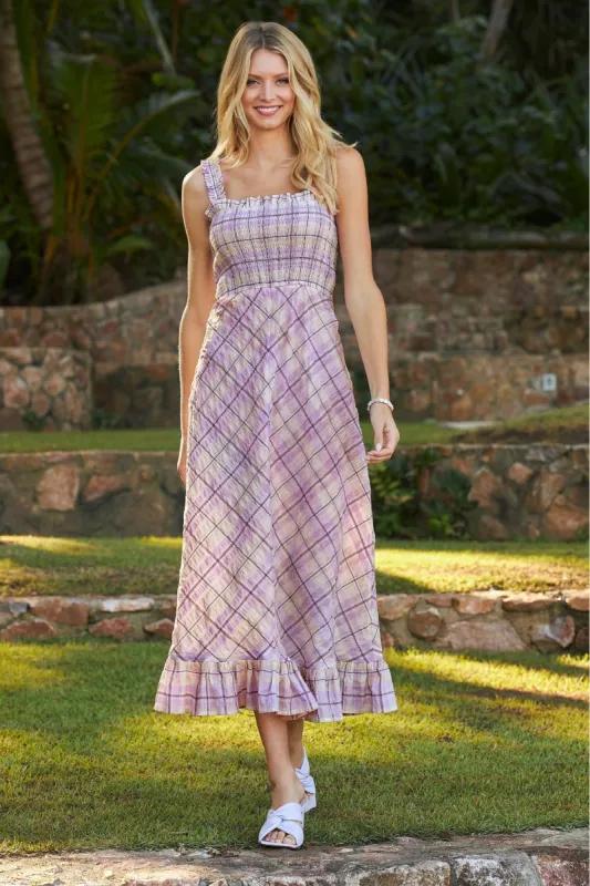 Smocked Plaid Seersucker Dress Orchid Bloom sold by Boston Proper