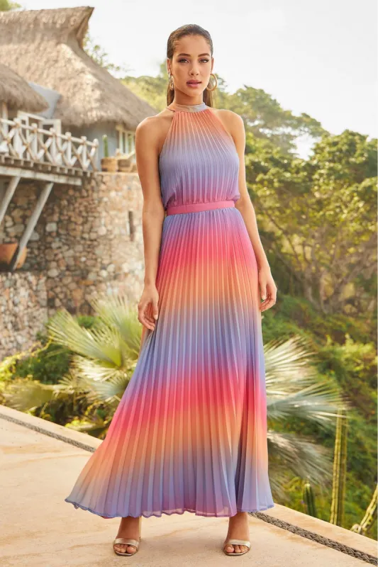 Sunrise Ombre Pleated Chiffon Maxi Dress Pink Multi sold by Boston Proper