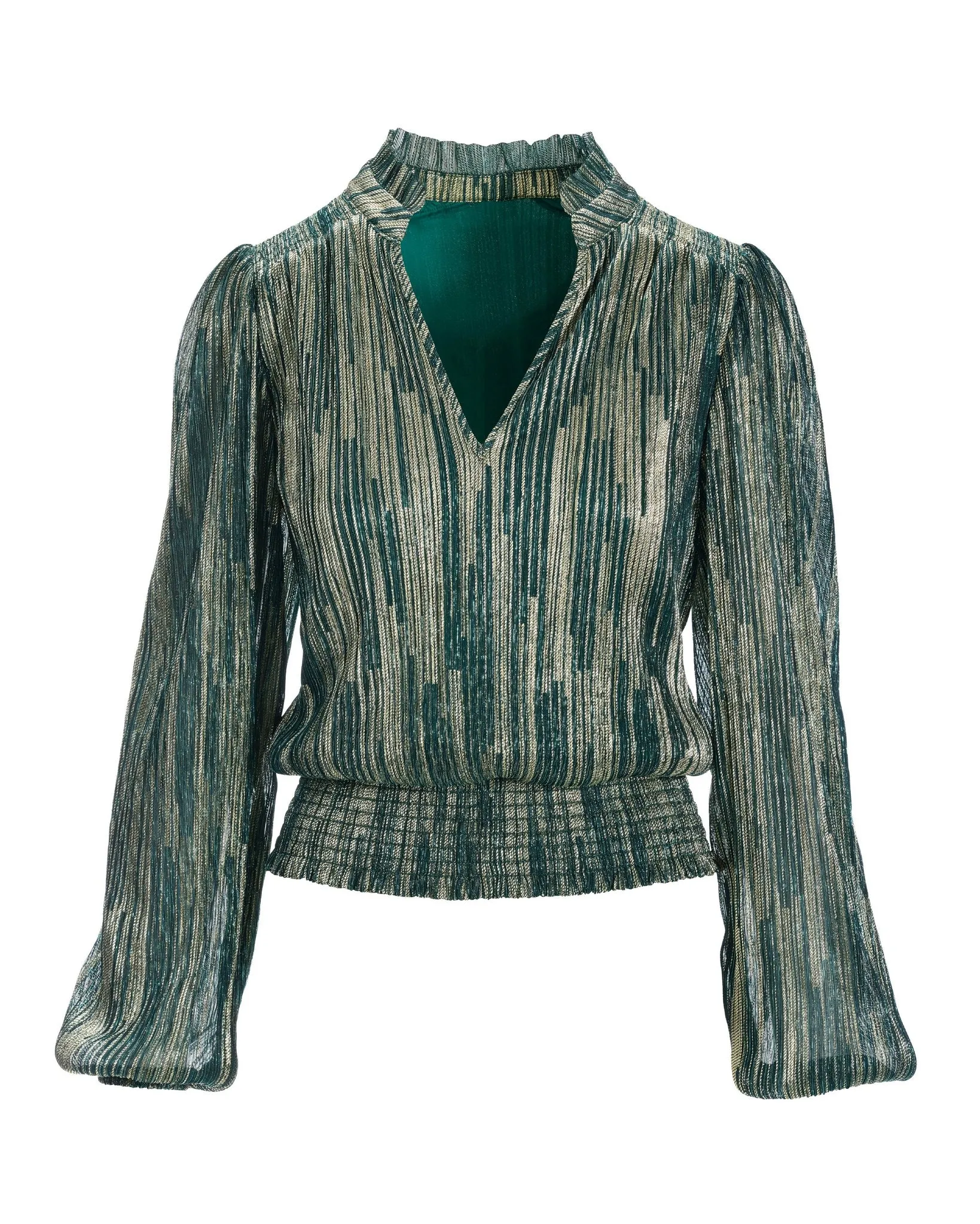 Shimmer Pleated Smocked Blouson Top Green/Gold sold by Boston Proper product image thumbnail 2