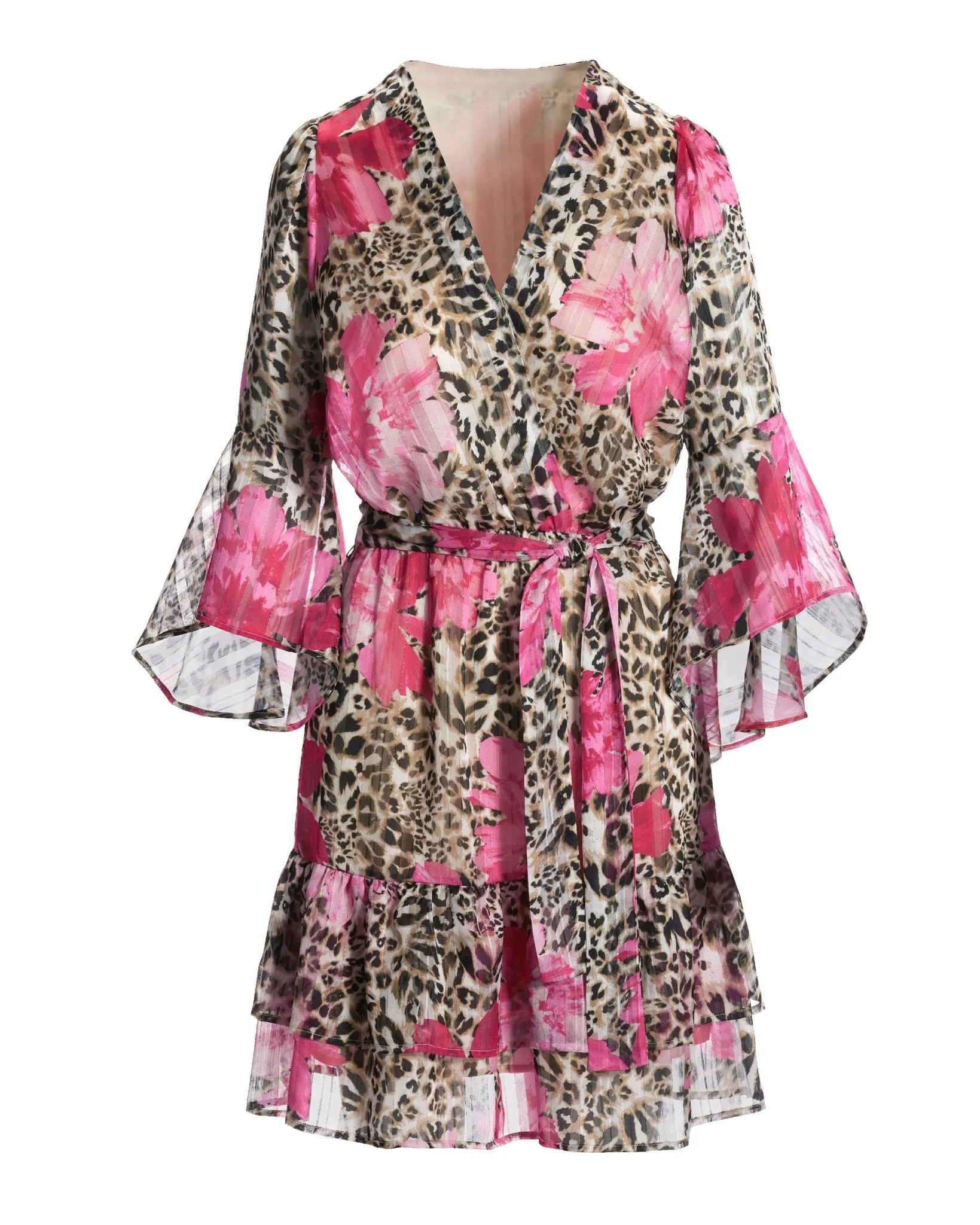 Cheetah Blooms Shimmer Bell Sleeve A Line Dress Neutral/Pink sold by Boston Proper product image thumbnail 2