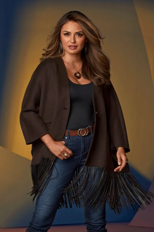 Wool Leather Fringe Cape Safari Brown sold by Boston Proper