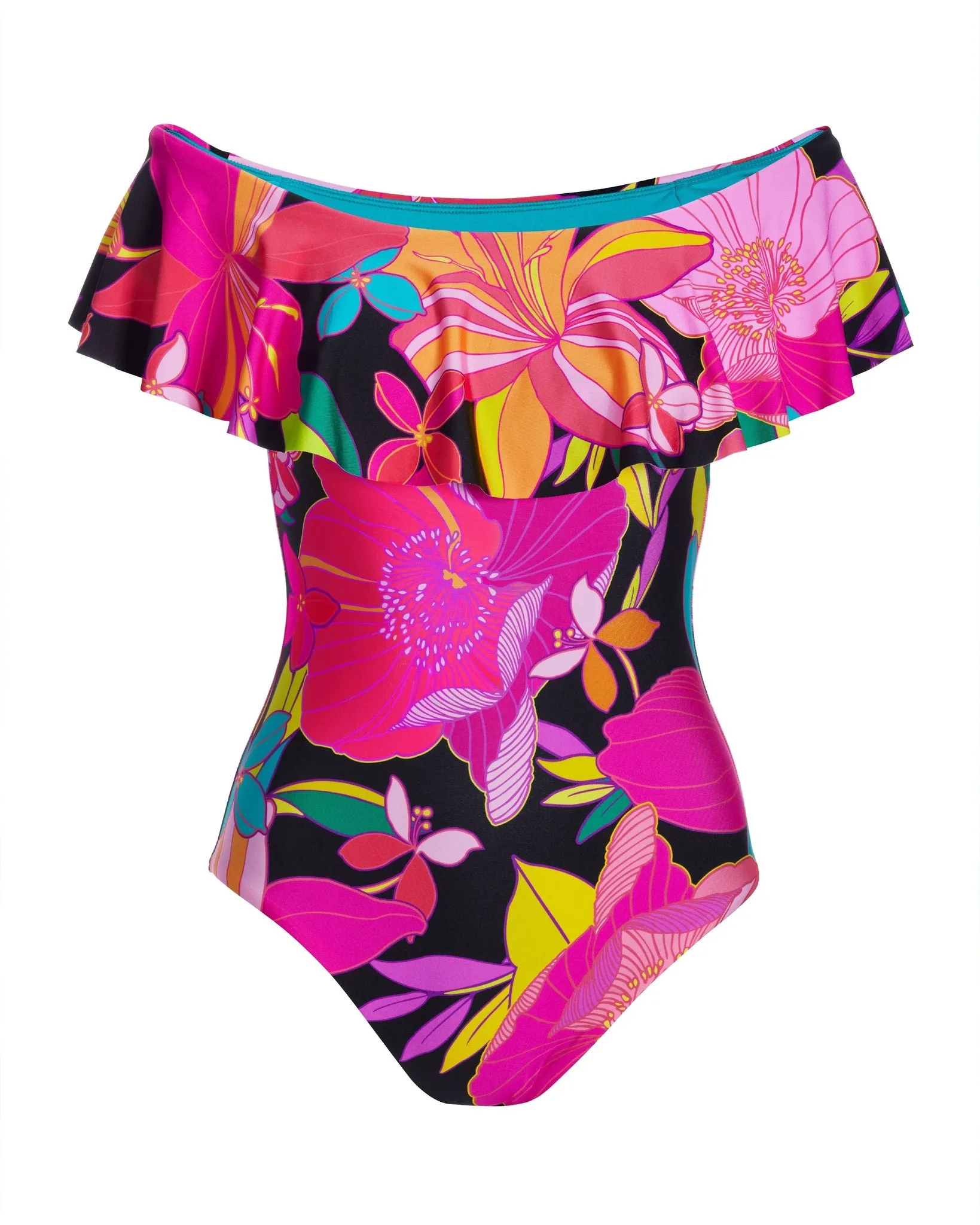 Tropical Ruffle Off the Shoulder One Piece Black Multi sold by Boston Proper product image thumbnail 2