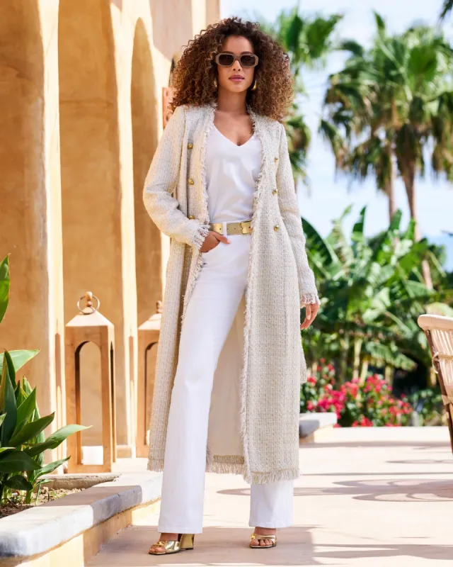 Tweed Metallic Tie Waist Duster Off White/Gold sold by Boston Proper