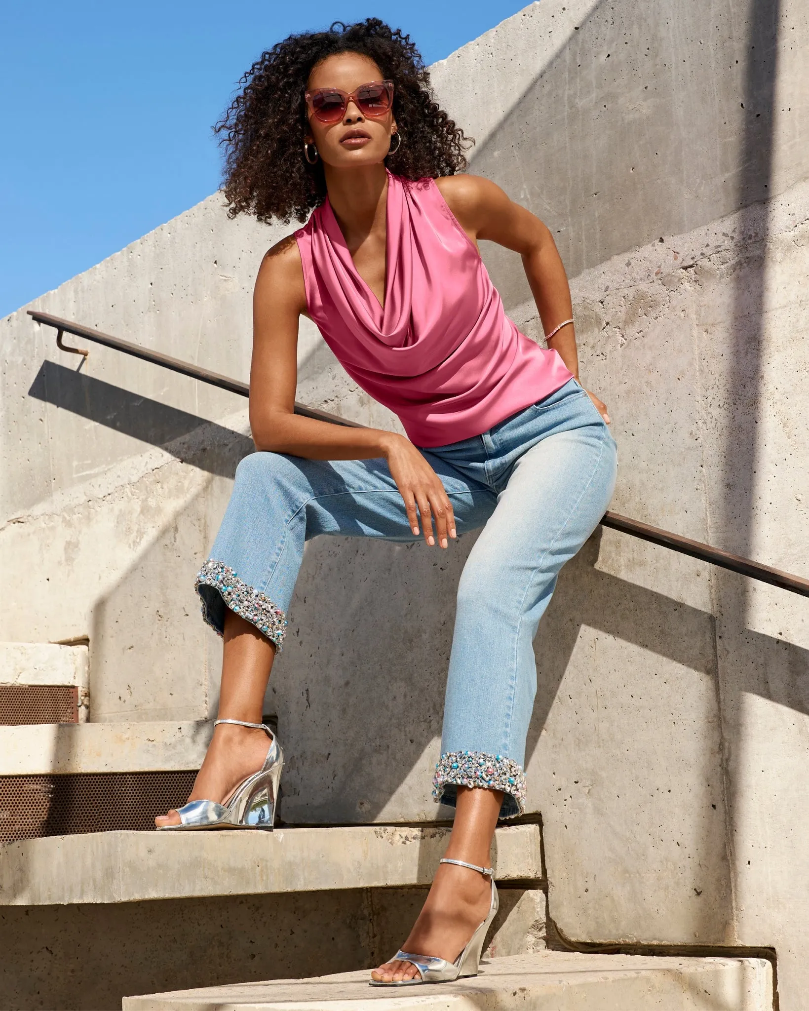 Malibu La Sirena Crystal and Pearl Cropped Palazzo Jean Light Wash Denim sold by Boston Proper