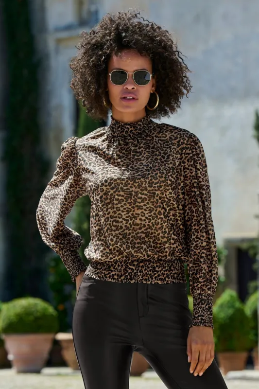 Leopard Mesh Turtleneck Top Multi sold by Boston Proper