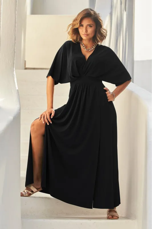 Draped Flutter Sleeve Maxi Dress Black sold by Boston Proper