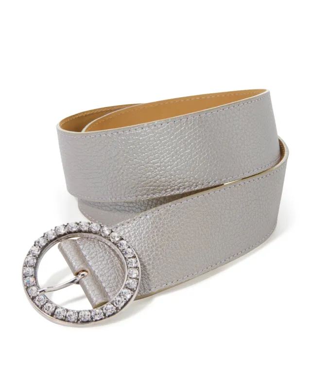 Round Crystal Metallic Leather Belt Silver sold by Boston Proper