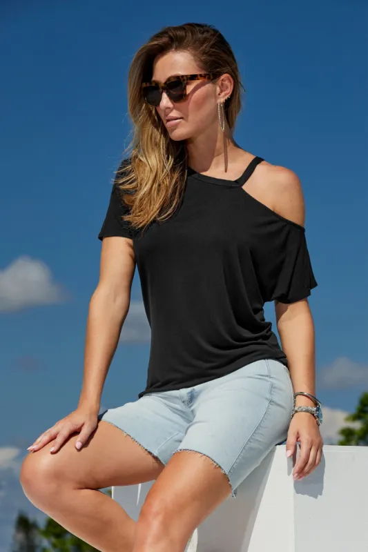 Cutout One Shoulder Tee Black sold by Boston Proper