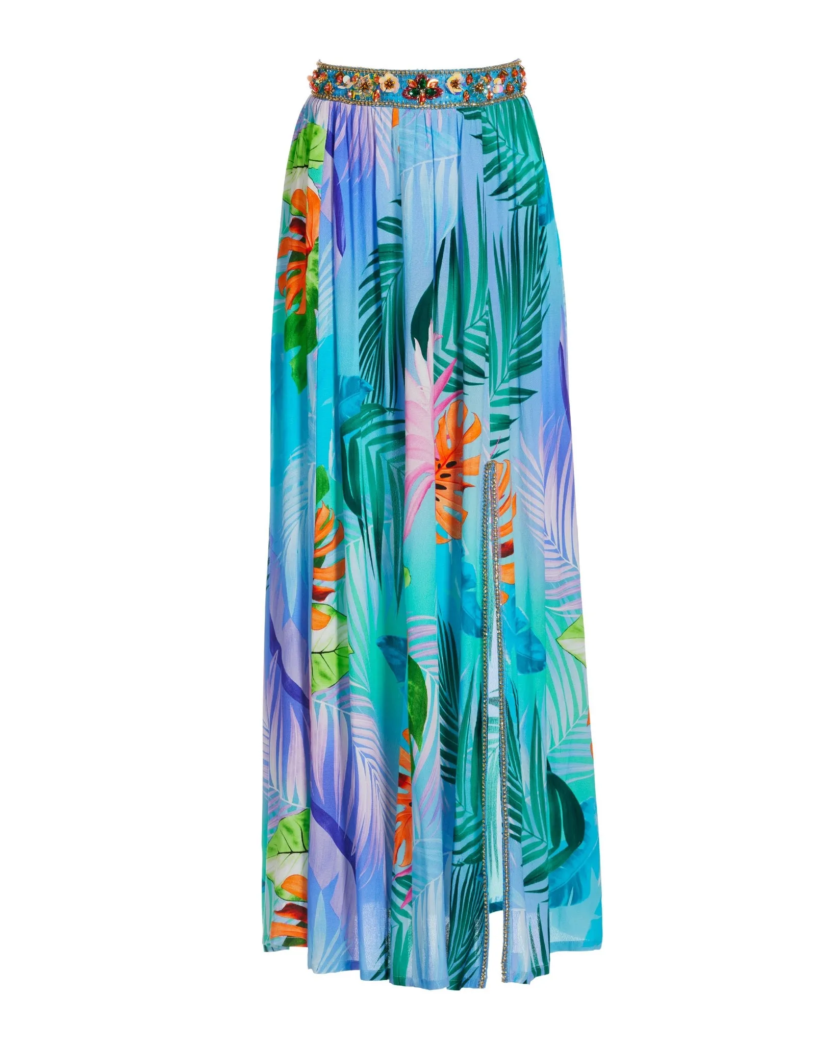 Tropical Summer Leaves Embellished Waist Midi Skirt Blue Multi sold by Boston Proper product image thumbnail 2