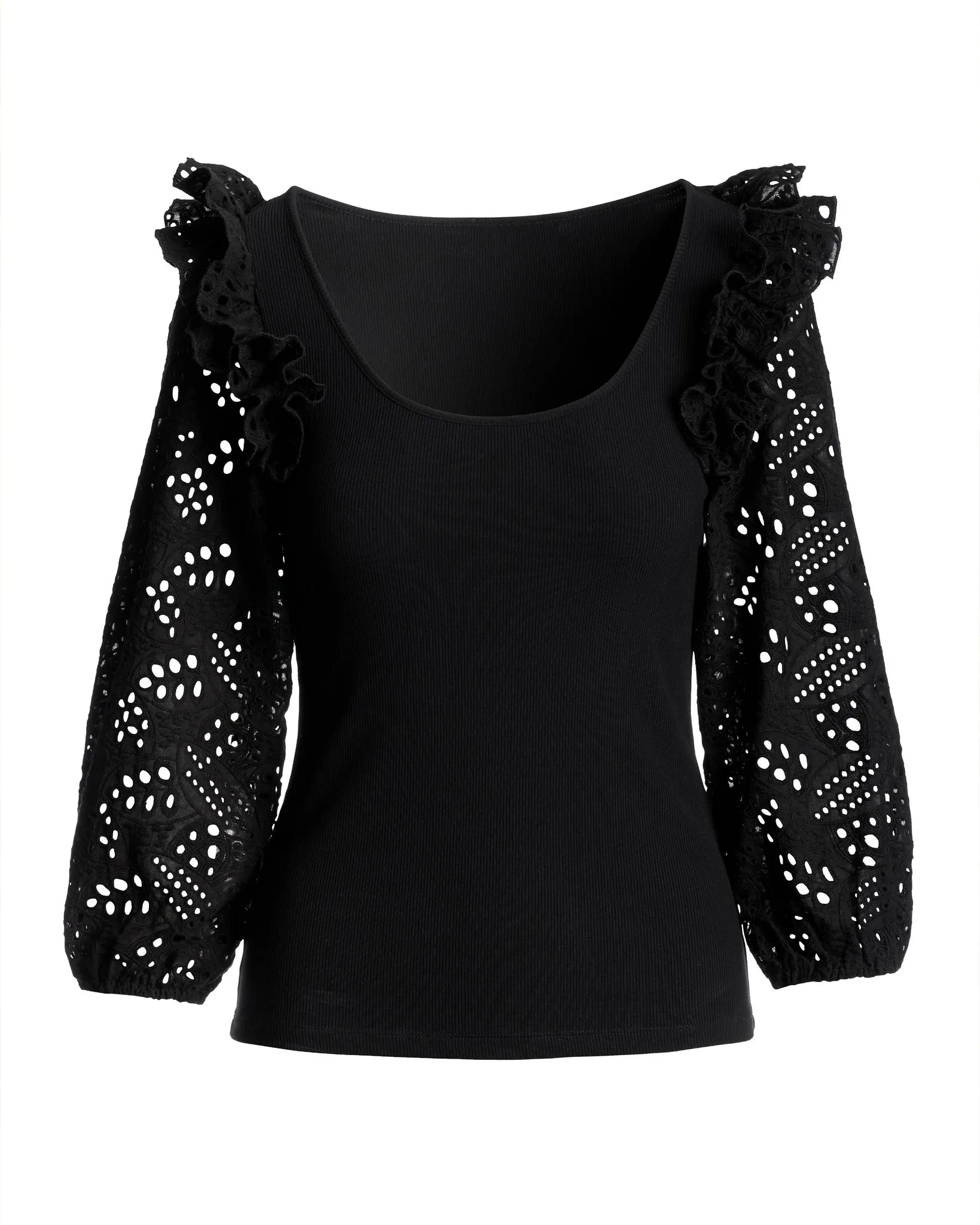 So Essential Ruffle Eyelet Sleeve Top Black sold by Boston Proper product image thumbnail 2