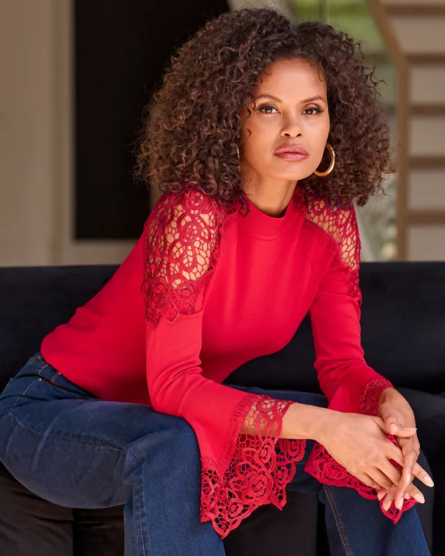 Lace Inset Flare Sleeve Racing Red sold by Boston Proper