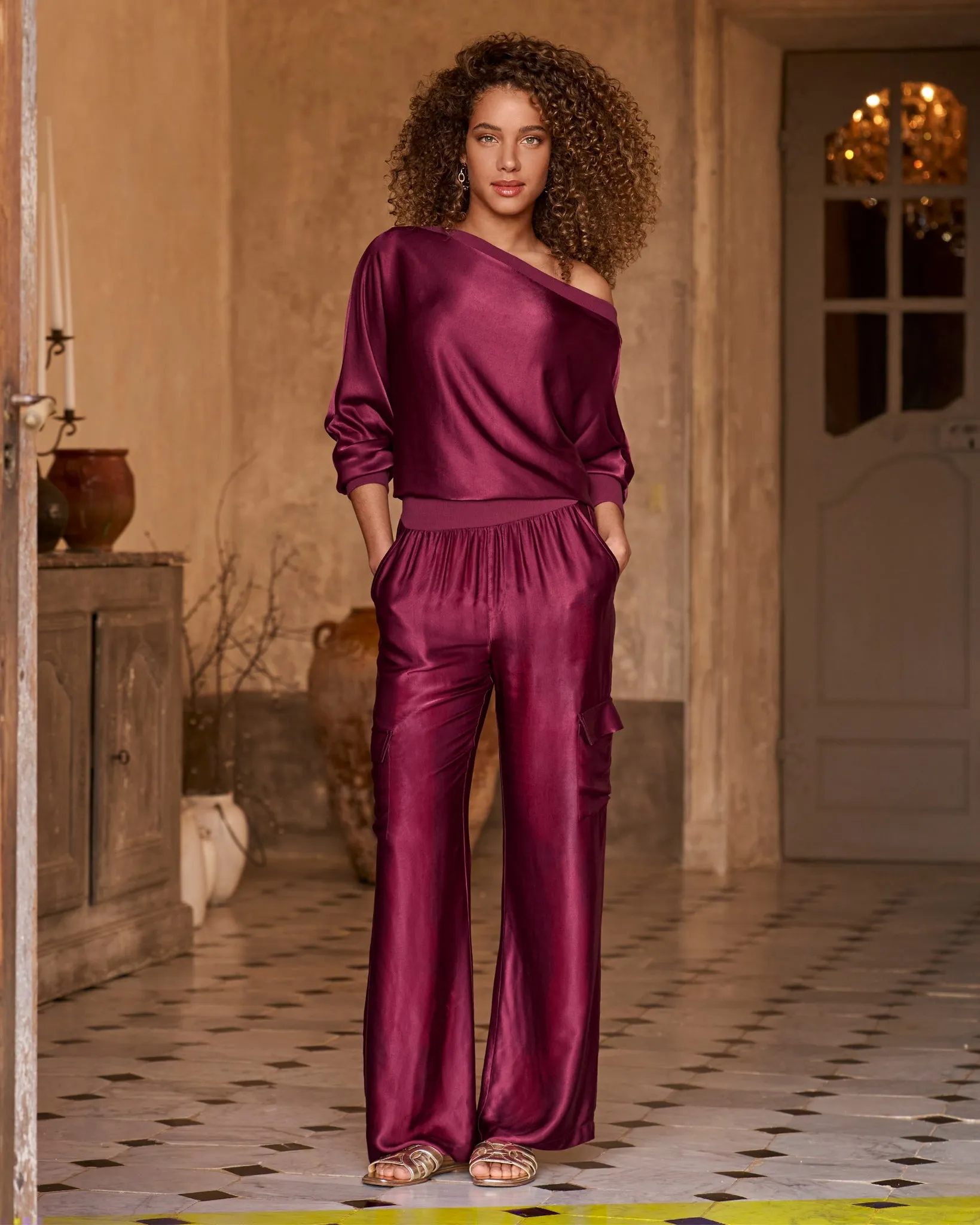 Slouchy Charmeuse Cargo Lounge Set Maroon sold by Boston Proper