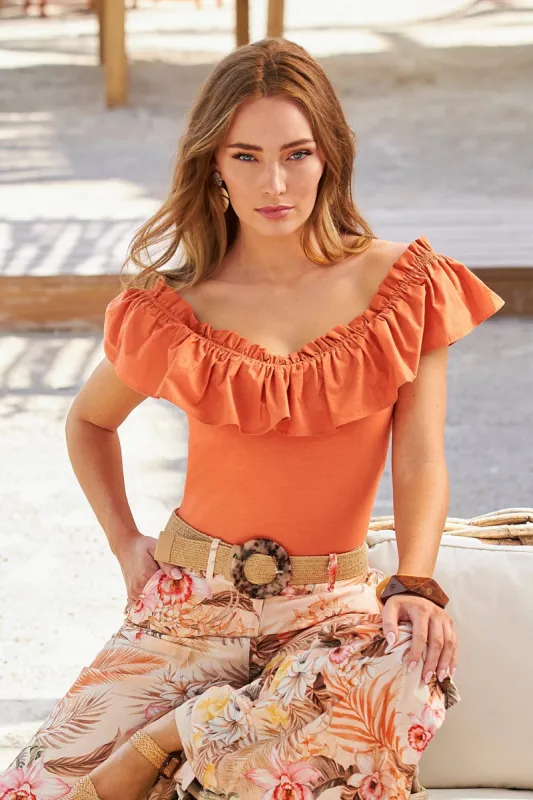 Ruffle Knit Top Orange sold by Boston Proper