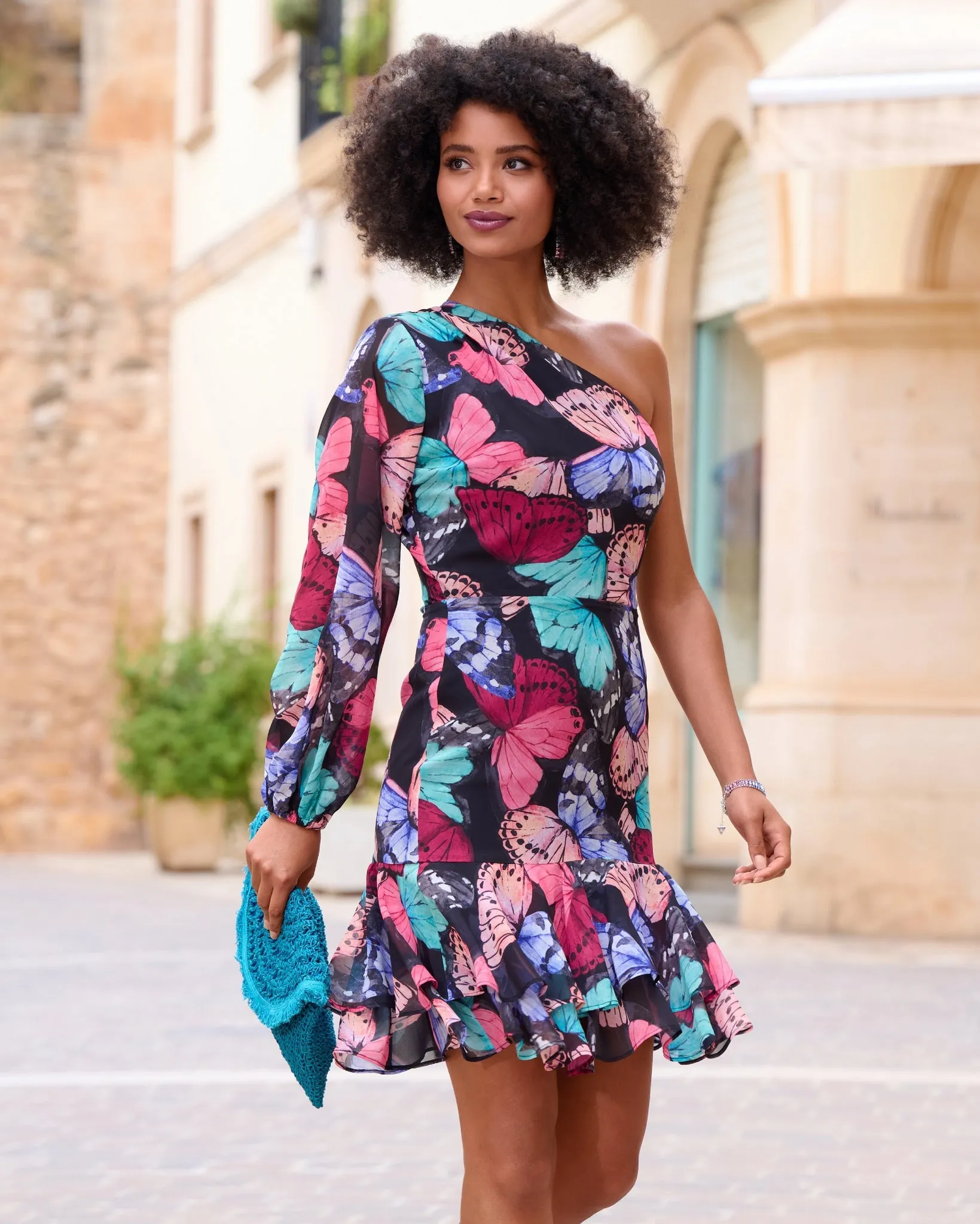 One Shoulder Butterfly Print Dress Black Multi sold by Boston Proper