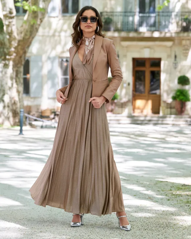 Shimmer Knit Pleated Maxi Dress Tan sold by Boston Proper
