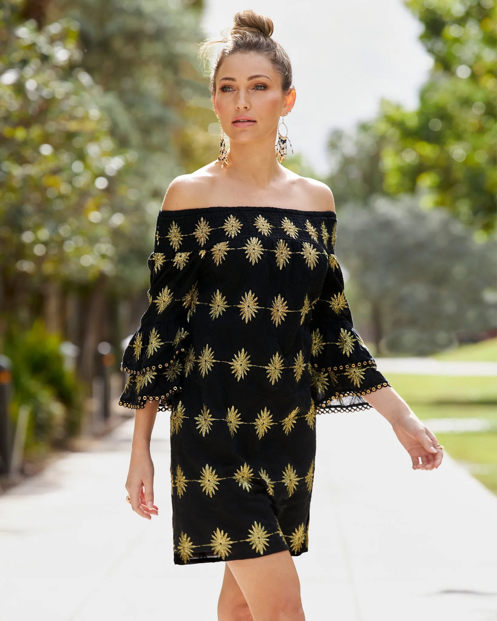 Metallic Detail Off-The-Shoulder Dress Black/Gold sold by Boston Proper