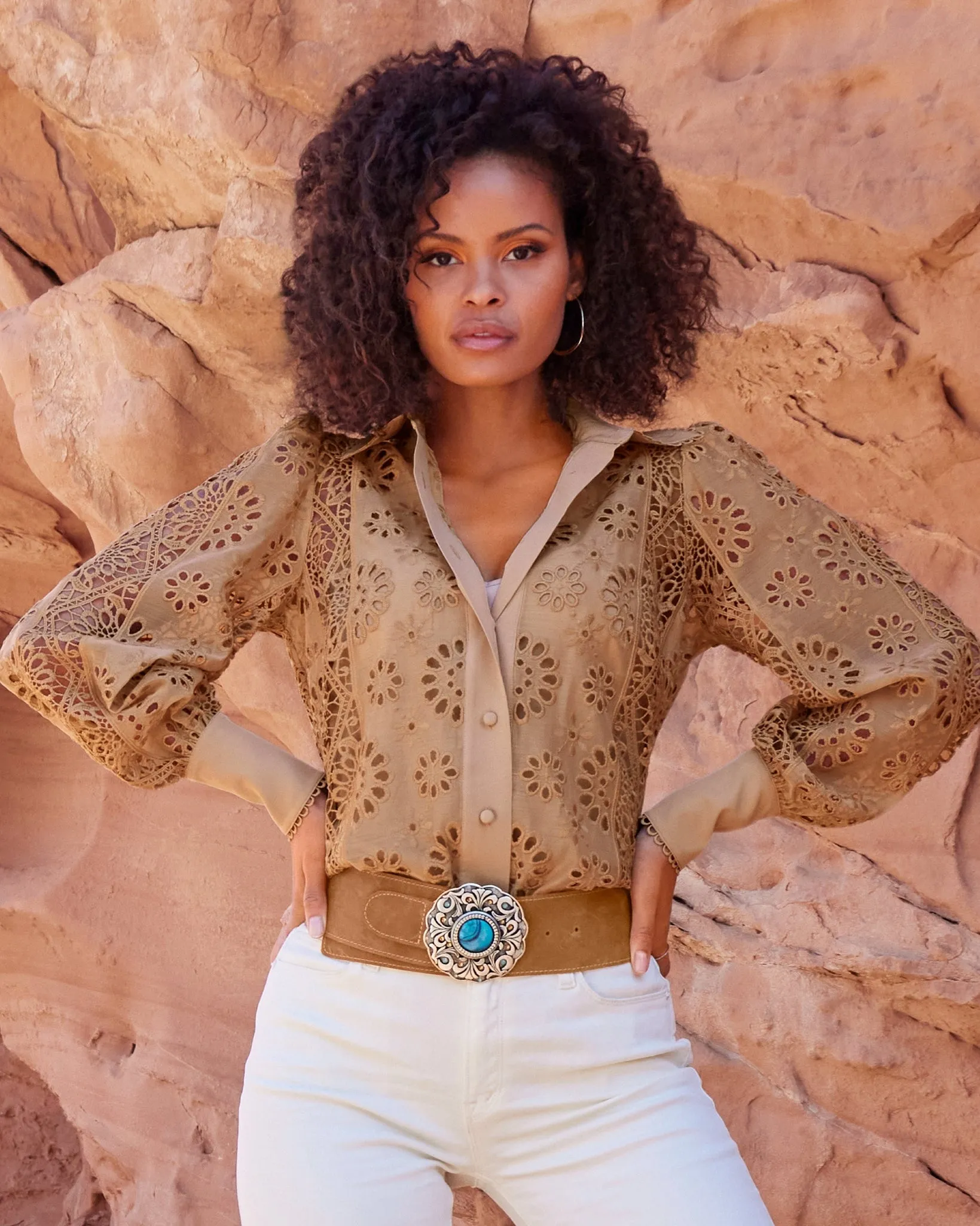 Eyelet Victoria Shirt Tan sold by Boston Proper