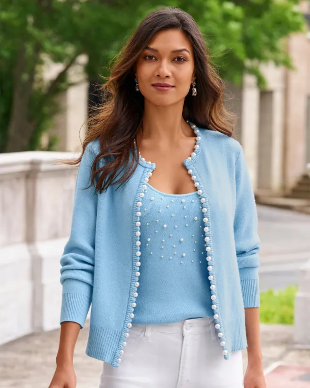Pearl Trim Cardigan Airy Blue sold by Boston Proper