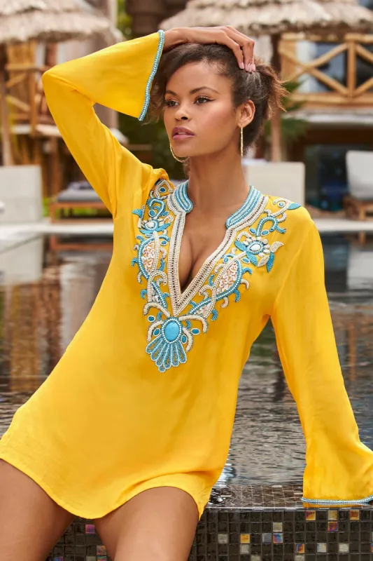 Embellished V Neck Resort Tunic Top Yellow Multi sold by Boston Proper