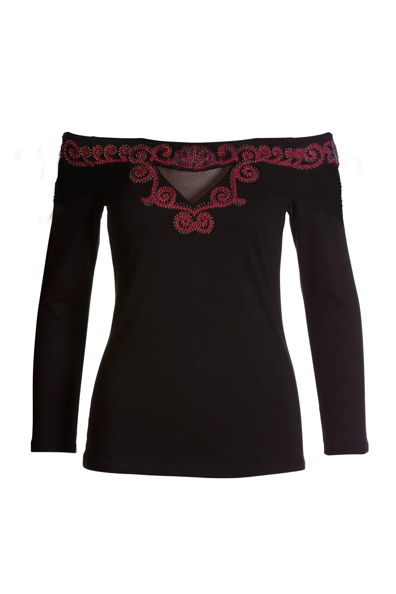 Embroidered Sheer Inset Wide Neck Top Black sold by Boston Proper product image thumbnail 2