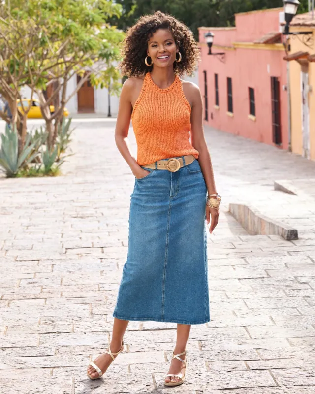 Proper Denim Five Pocket Midi Skirt Medium Wash sold by Boston Proper
