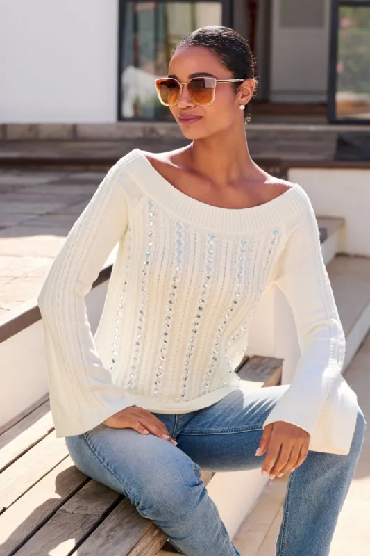 Rhinestone Embellished Off The Shoulder Sweater Off White sold by Boston Proper
