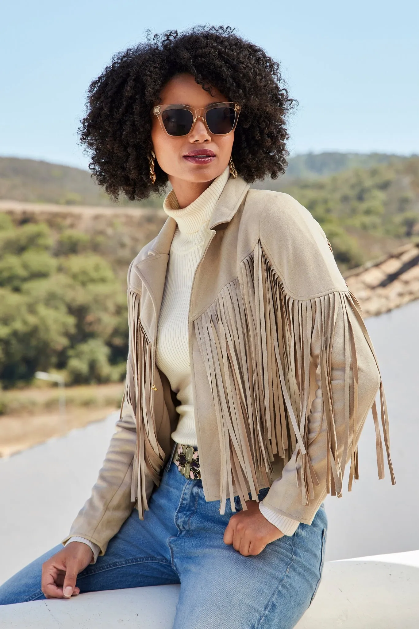 Fringed Faux Suede Jacket Sand sold by Boston Proper