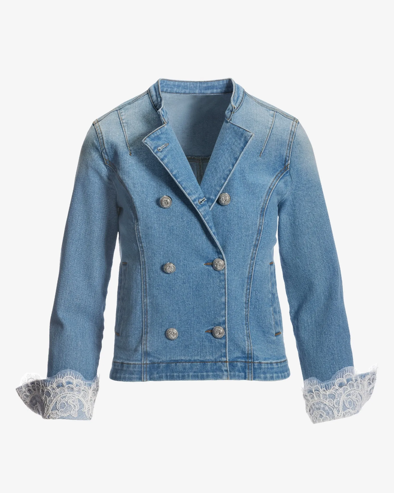 Double Breasted Lace Trim Denim Jacket Medium Wash sold by Boston Proper product image thumbnail 2