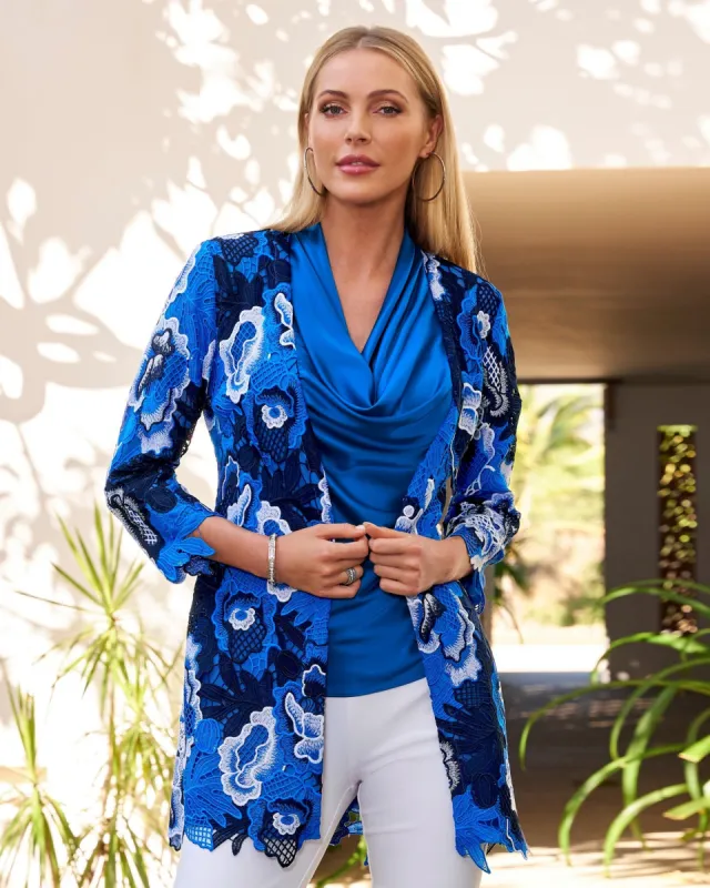 Floral Lace Hip Length Duster Blue Multi sold by Boston Proper
