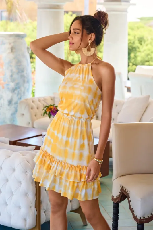 Golden Dye Print Cinch-Waist Ruffle Dress Yellow sold by Boston Proper