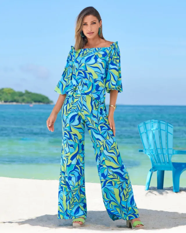 Malibu Limelight Leaves Print Knit Palazzo Pant Green/Teal sold by Boston Proper