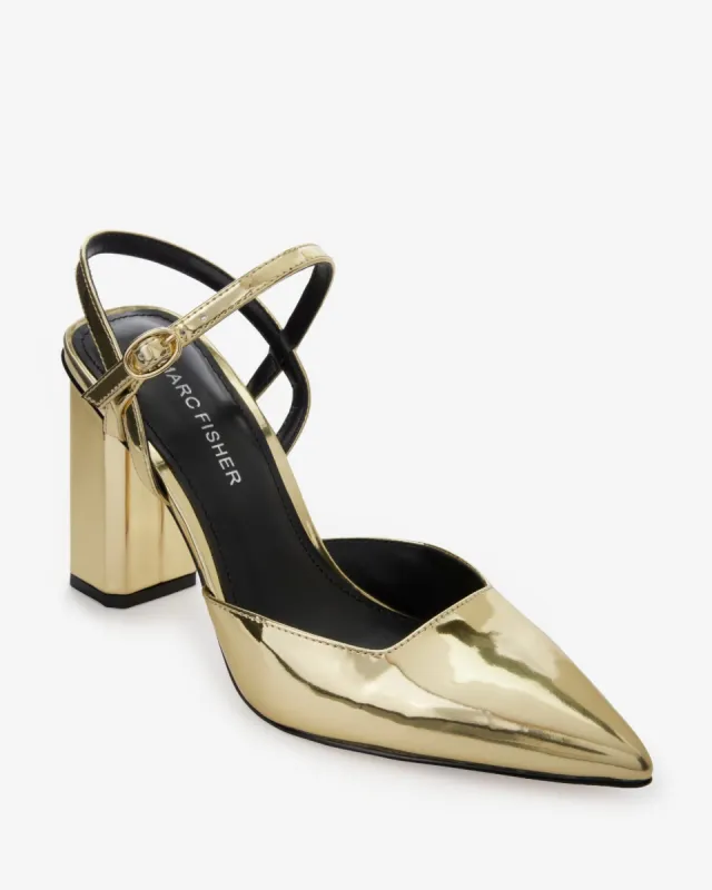 Pointed Toe Ankle Strap Block Heel Gold sold by Boston Proper