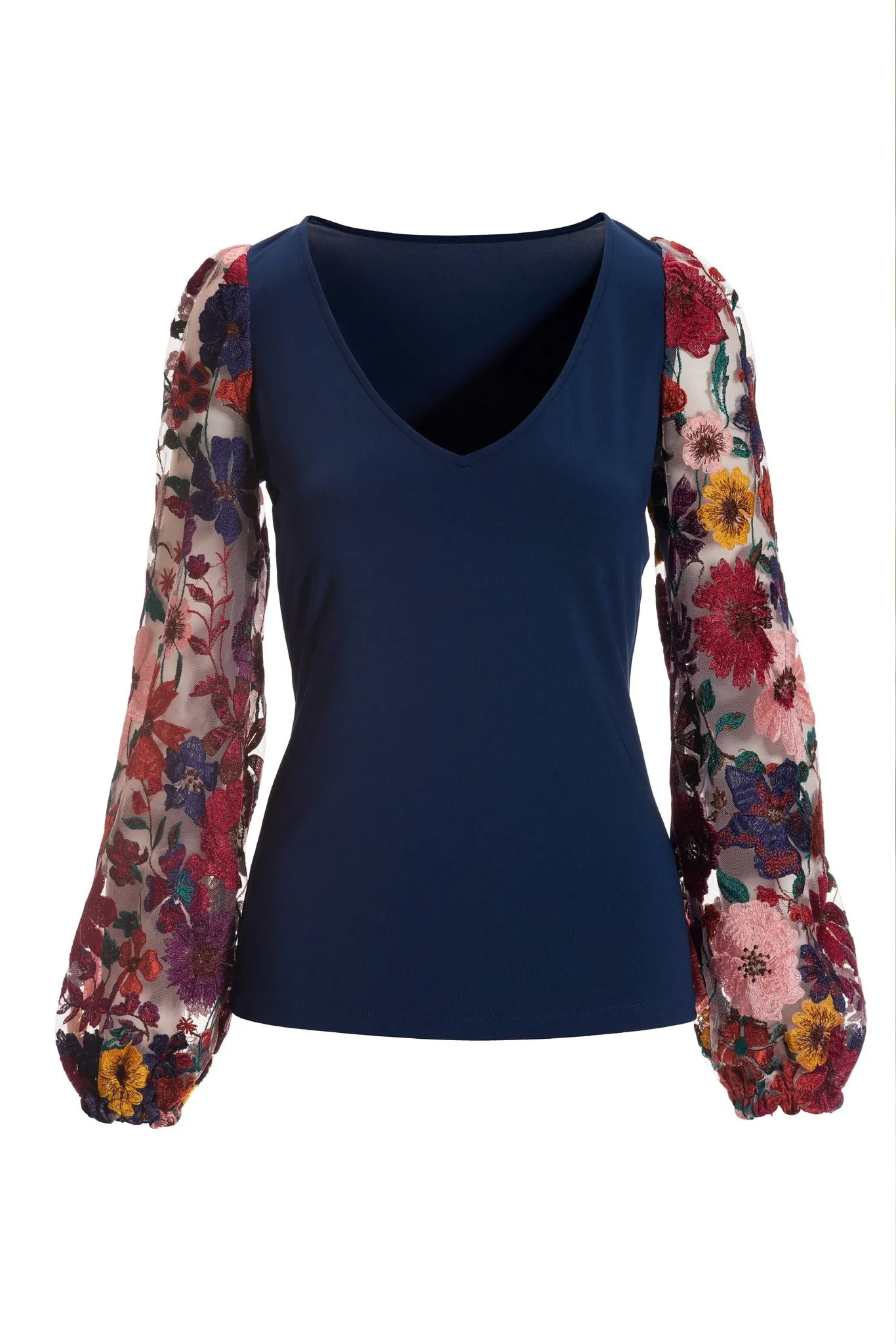 Floral Embroidered Sleeve V Neck Top Navy Multi sold by Boston Proper product image thumbnail 2