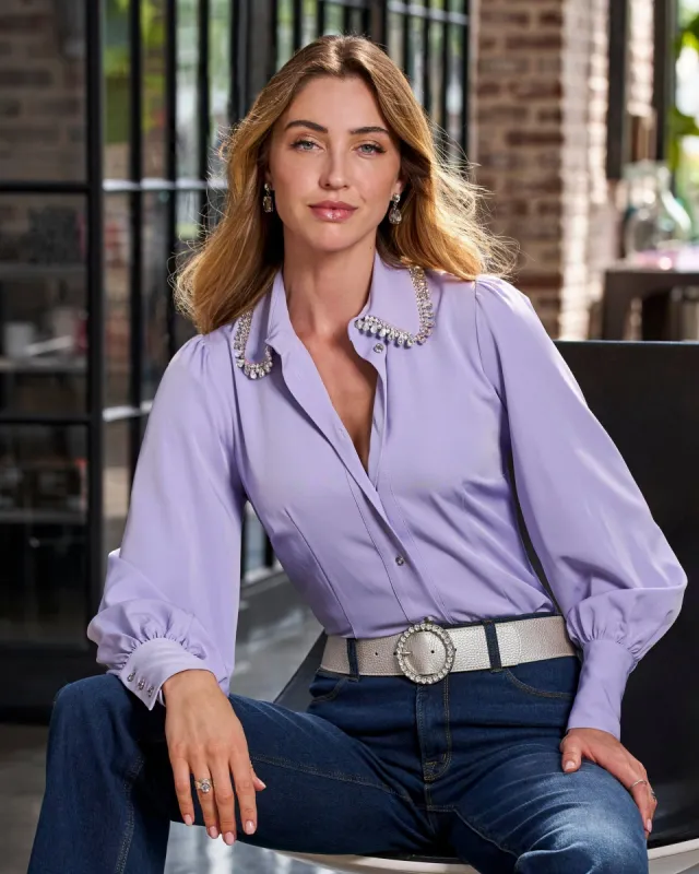 Crystal Embellished Collar Victoria Chic Drama Sleeve Shirt Violet Tulip sold by Boston Proper
