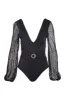 Long Sleeve Plunge One Piece Swimsuit Black sold by Boston Proper