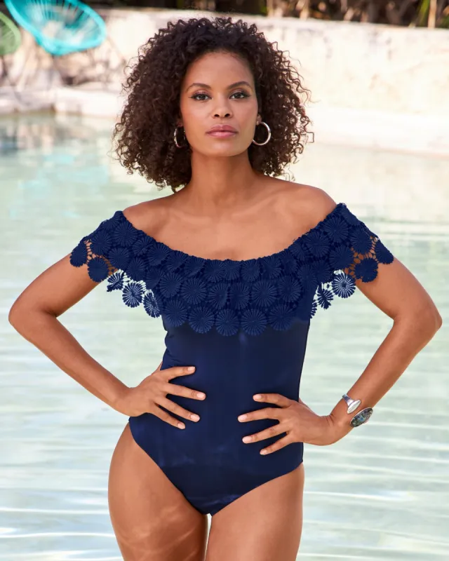 Bardot Crochet Off-The-Shoulder One-Piece Swimsuit Navy sold by Boston Proper