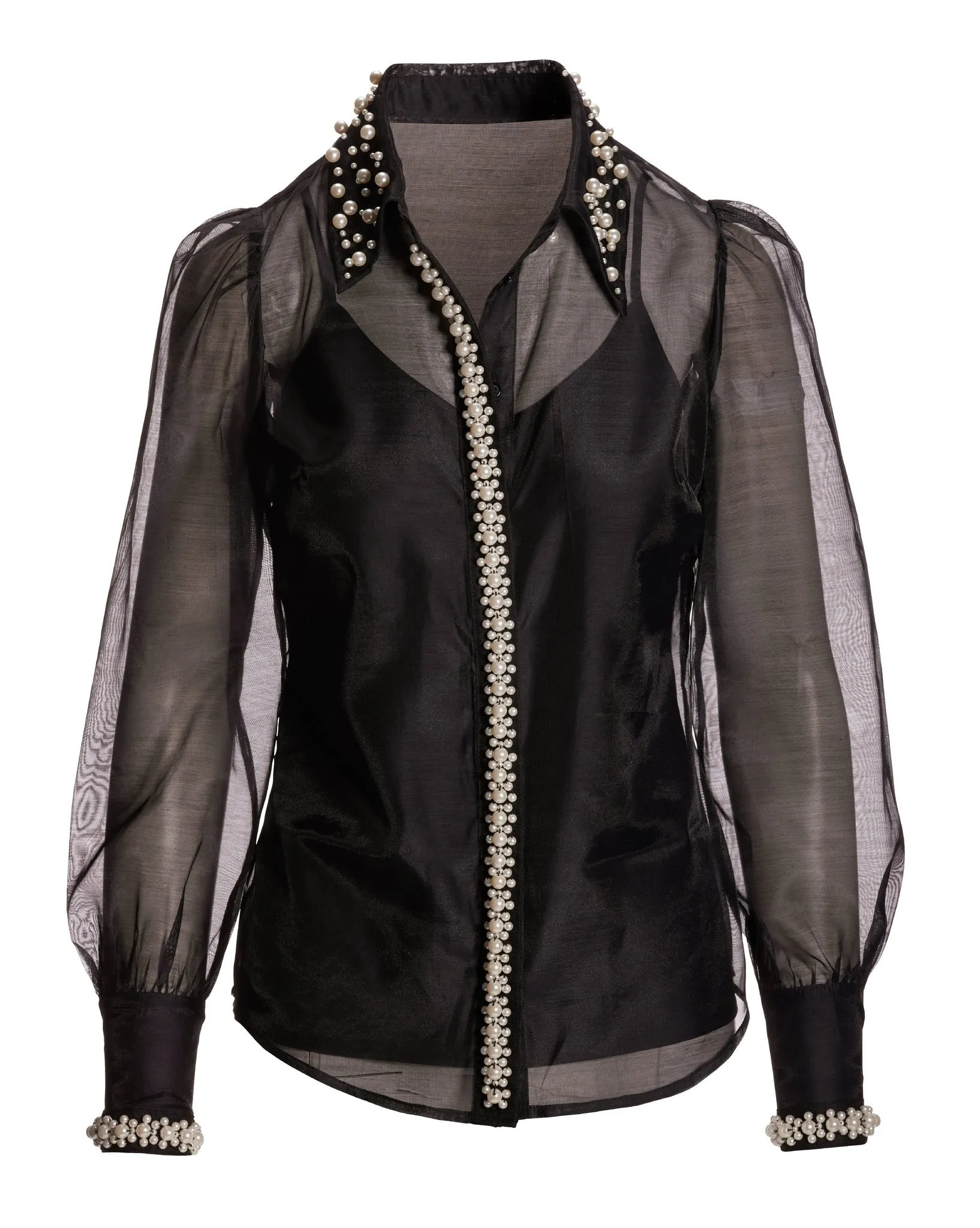 Organza Pearl Embellished Trim Victoria Drama Sleeve Shirt Black sold by Boston Proper product image thumbnail 2