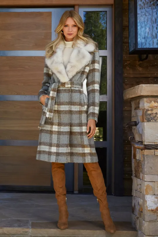Faux Fur Trim Plaid Coat Gray Multi sold by Boston Proper