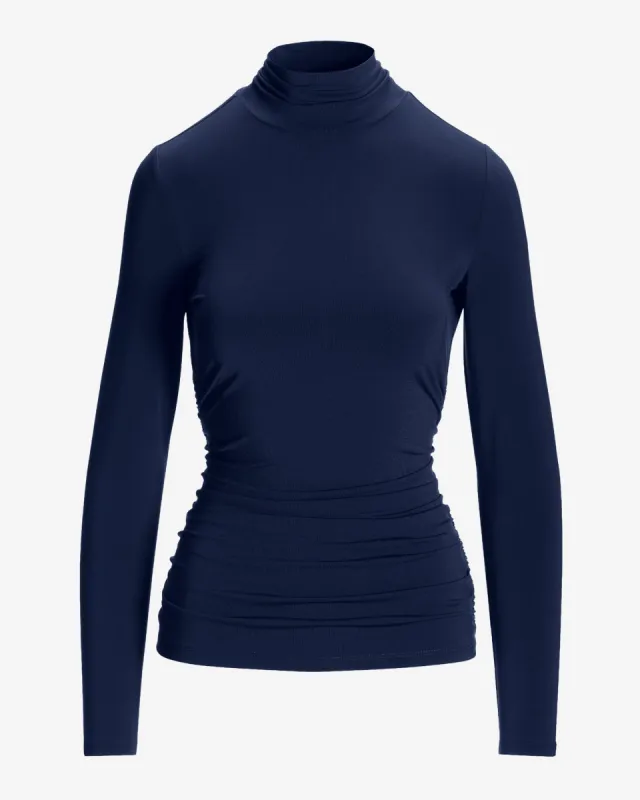 So Chic Ruched Turtleneck Top Blue Depths sold by Boston Proper