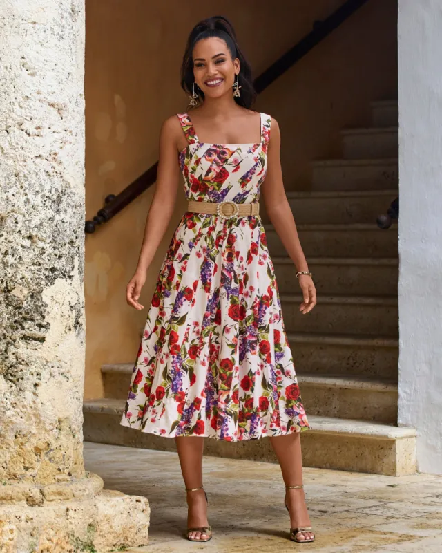 Bias Cut Print Inset Fit and Flare Midi Dress Red Multi sold by Boston Proper