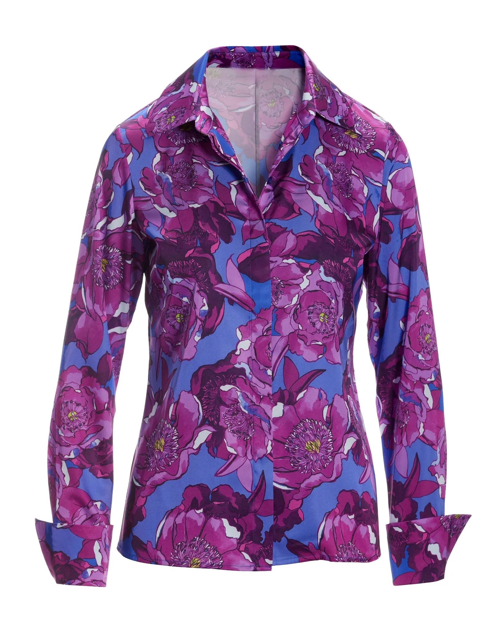 Falling Garden Print Sophia Button Up Charmeuse Blouse Purple Multi sold by Boston Proper product image thumbnail 2