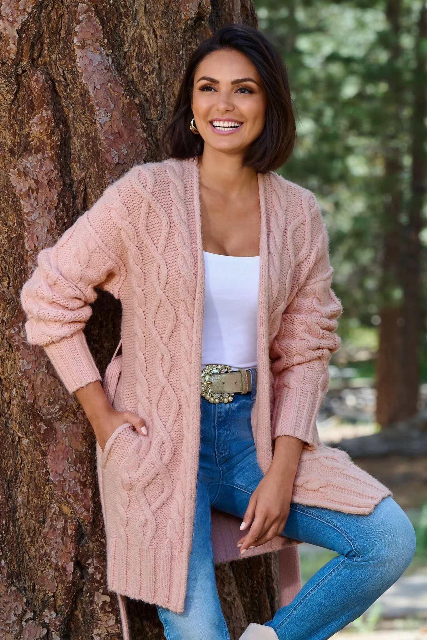 Cable Tie-Waist Cardigan Sweater Lotus sold by Boston Proper