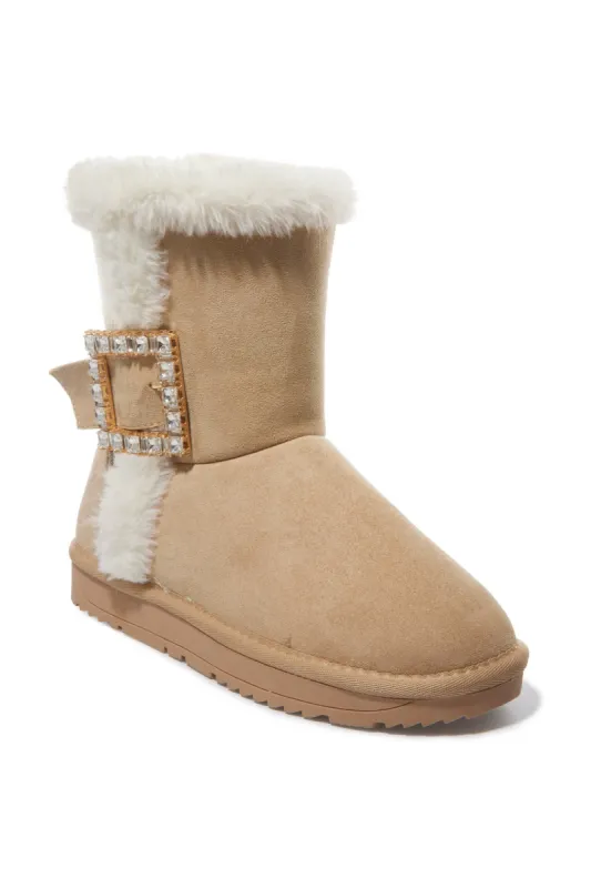 Embellished Buckle Fur Bootie Tan sold by Boston Proper