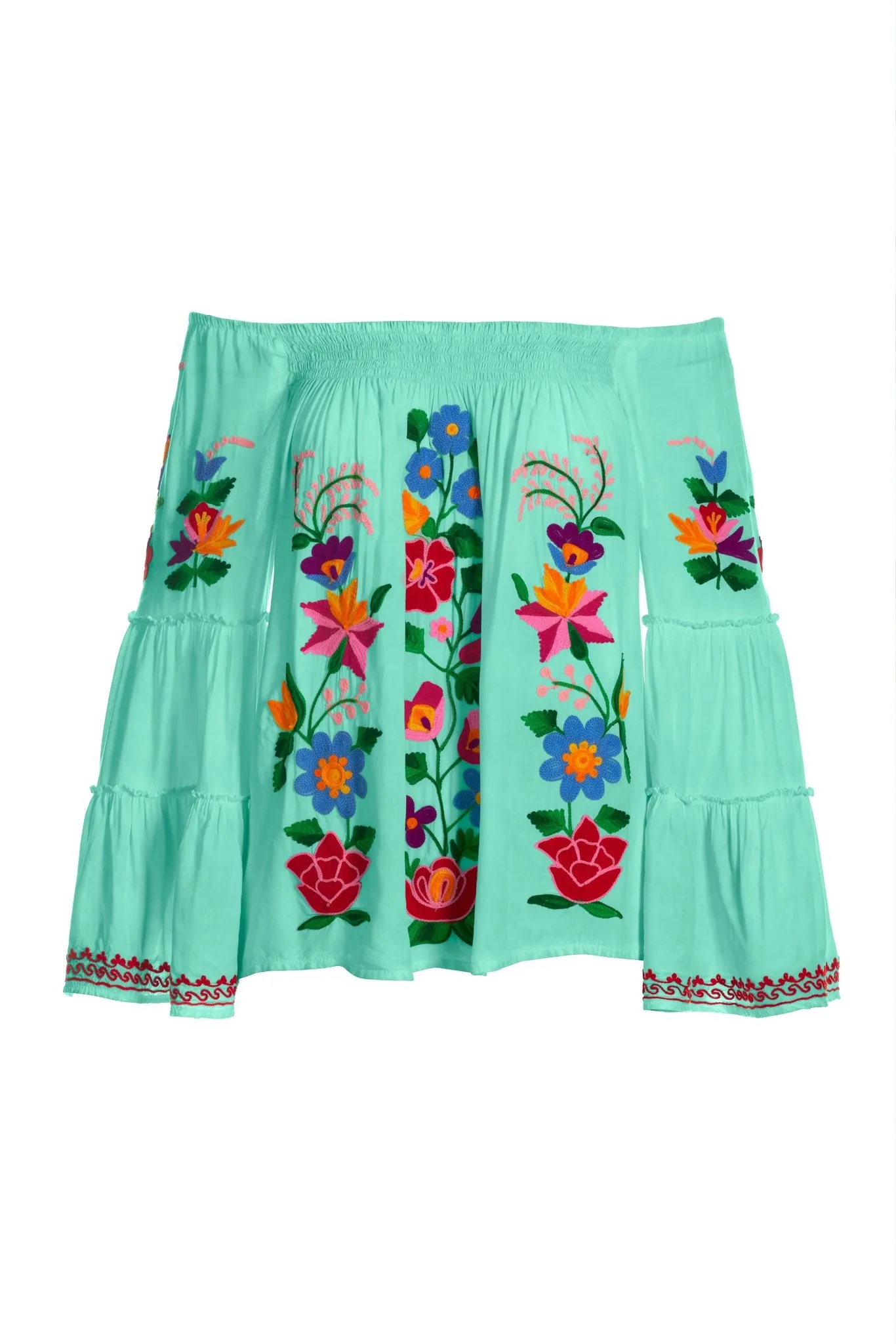 Bright Floral Embroidered Tiered Sleeve Off The Shoulder Blouse Mint Multi sold by Boston Proper product image thumbnail 2