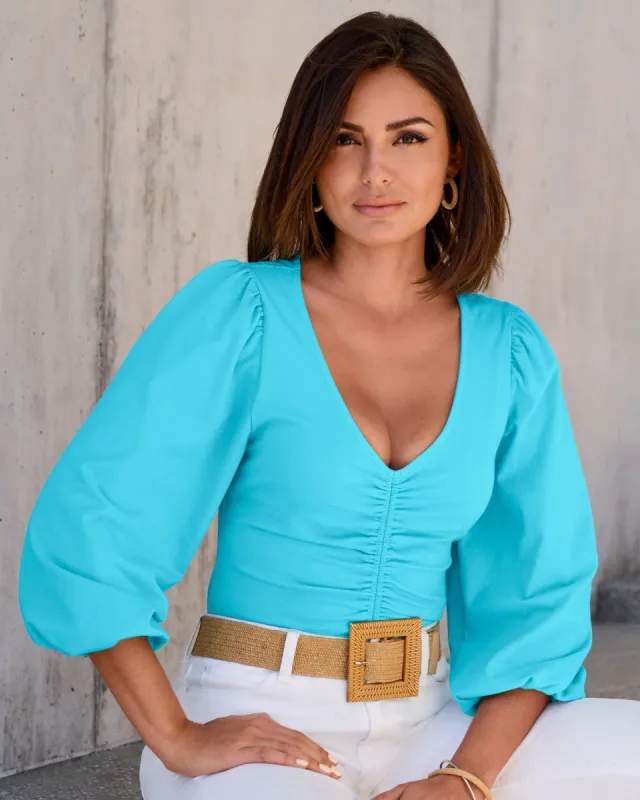So Sexy Ruched Front V-Neck Top Fountain Blue sold by Boston Proper