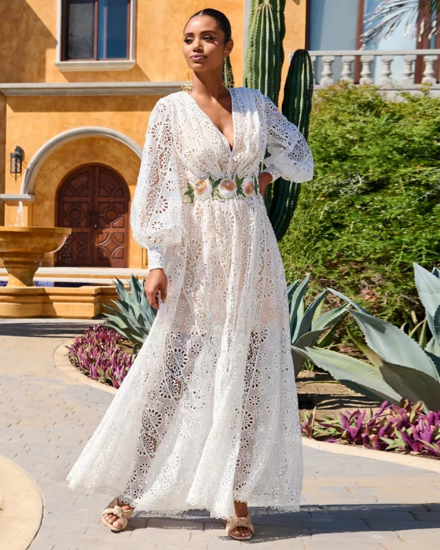 Lace Balloon-Sleeve Slit Maxi Dress White sold by Boston Proper