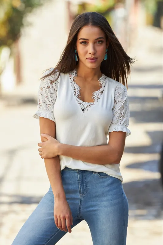 Lace Puff Sleeve V Neck Tee White sold by Boston Proper